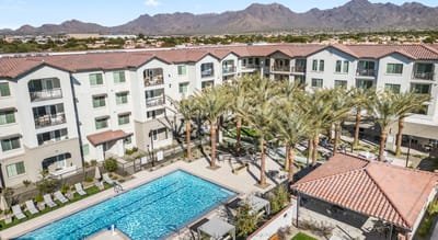 Aerial view of the facility's pool and outdoor space