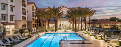 Outdoor pool area with palm trees at sunset