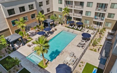 Aerial view of a serene pool area in a senior living facility