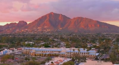 Aerial view of Overture Arcadia against a mountain backdrop
