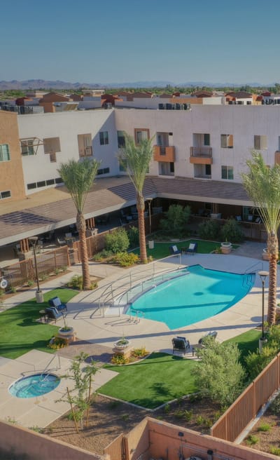 Aerial view of a swimming pool area surrounded by palm trees