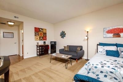 Interior view of a resident room with modern furnishings