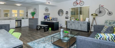 Bright common area with modern decor and furniture