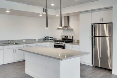 Modern kitchen interior with stainless steel appliances