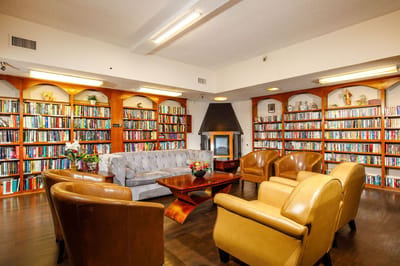 Cozy reading area with bookshelves and seating