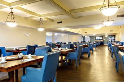 Dining room with blue chairs and wooden tables