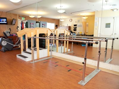 Rehabilitation gym with parallel bars and exercise equipment.