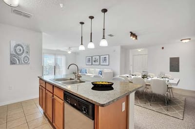 Spacious kitchen and dining area in an apartment.