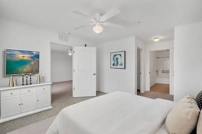 Bright, spacious interior bedroom with modern decor