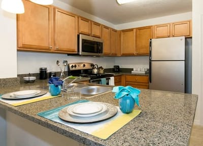 Modern kitchen with granite countertops and appliances