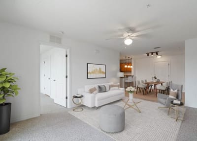 Bright, modern living room in a senior apartment.