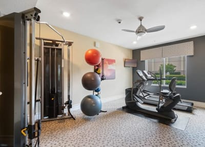 Modern fitness area with exercise equipment and stability balls.