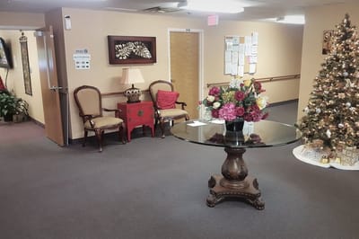 Interior view of a decorated common area.