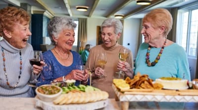 Residents enjoying drinks and snacks in a common area
