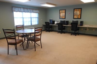 Common area with computer stations and seating
