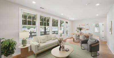 Bright and modern interior common area with seating
