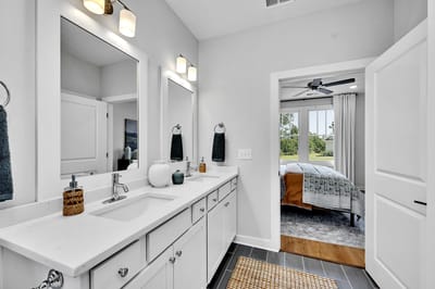 Brightly lit bathroom in a senior living facility