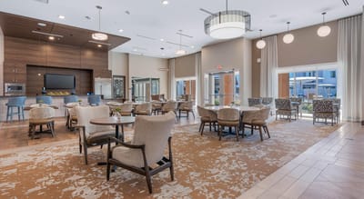 Bright dining room with modern decor and seating