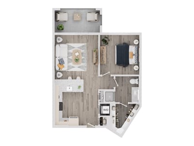 Architectural floor plan of a one-bedroom unit