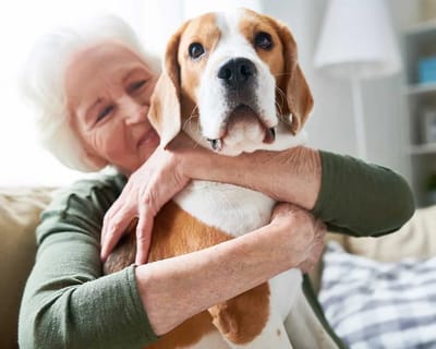 Senior woman joyfully hugging a dog in a living room