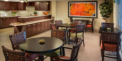 Bright common area with modern decor and seating