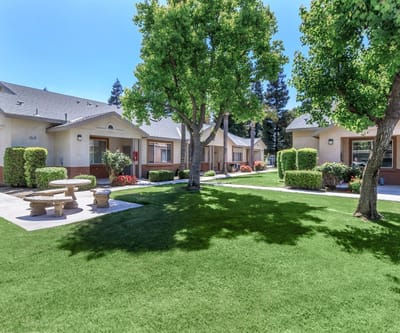 Well-maintained outdoor space with garden and seating