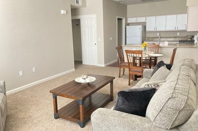 Bright interior of a senior apartment with dining area