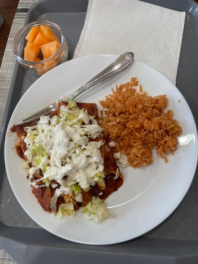 A plate of enchiladas with rice and cantaloupe