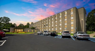 Exterior view of Seton Haven building at sunset