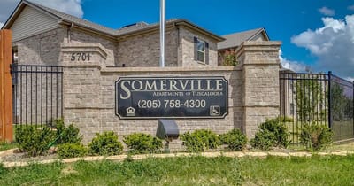 Exterior view of Somerville Apartments sign