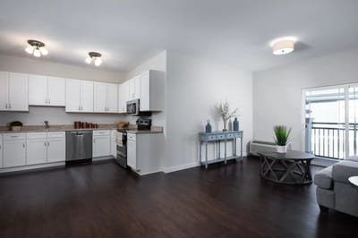 Bright, modern kitchenette in a senior living apartment