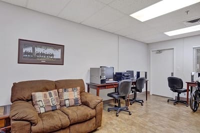 Interior common area with seating and computers
