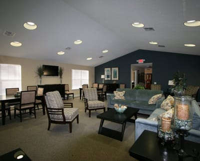Bright common area with seating and decor
