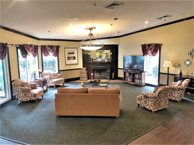 Interior lounge area with seating and decor