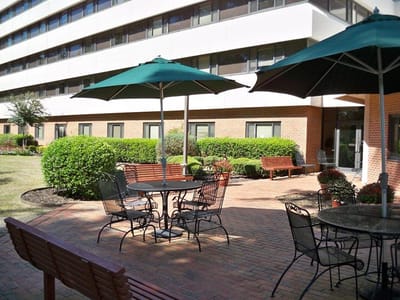 Outdoor seating area with tables and umbrellas
