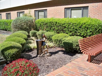 Outdoor garden area with decorative statue and benches