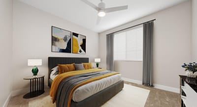 Brightly decorated resident bedroom with modern decor