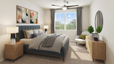 Well-furnished, cozy bedroom in a senior living facility