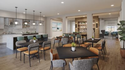 Bright dining area with tables and chairs in a modern setting