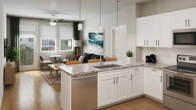Modern assisted living apartment interior with kitchen and living area