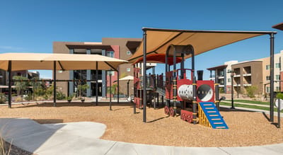 Colorful playground with a train structure in the outdoor area