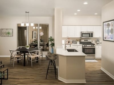 Spacious kitchen and dining area in a modern apartment