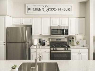 Modern kitchen with a sign saying 'Kitchen Open 24 Hours'