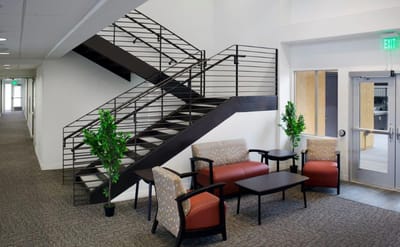 Bright and open lobby area with seating