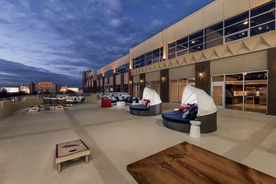 Outdoor seating area of a modern facility