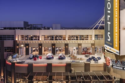 Exterior view of The Lofts at Westgate at dusk
