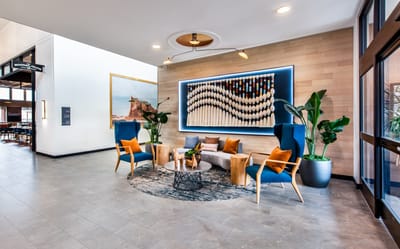 Stylish lobby area with seating and decor