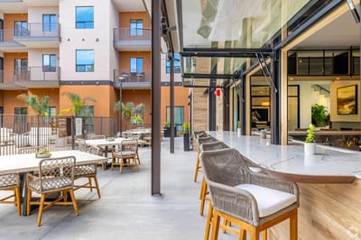 Modern outdoor seating area with views of the building