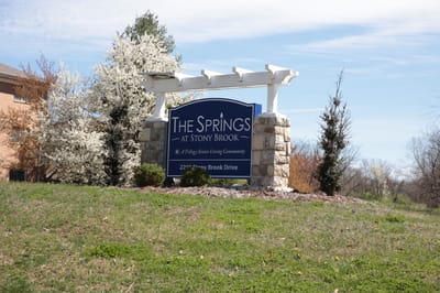 Signage for The Springs at Stony Brook with flowers around