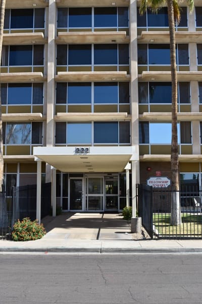Exterior view of Fellowship Towers facility entrance